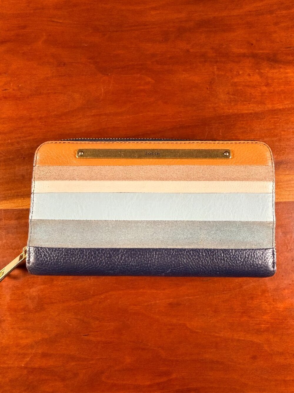 Fossil Liza Leather Zip Around Clutch Wallet Multicolor Stripe Organizer Neutral